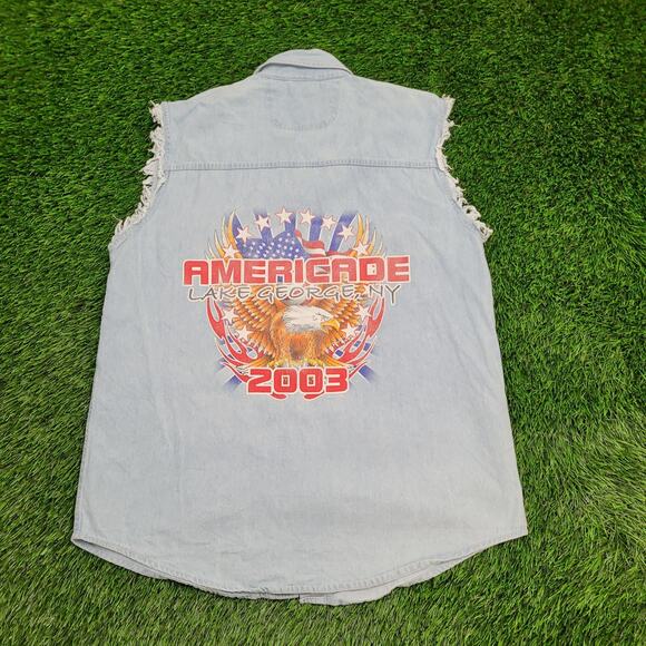 Vintage 2003 Americade Lake George NY Cutoff Denim Button Shirt Medium 22x30 - Picture 1 of 13